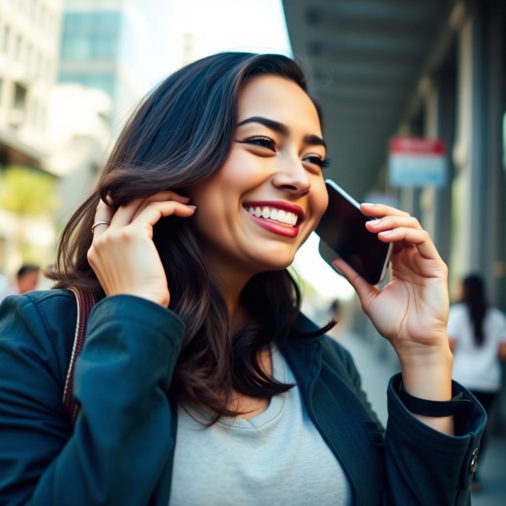 Mujer latina sonriendo, hablando con confianza